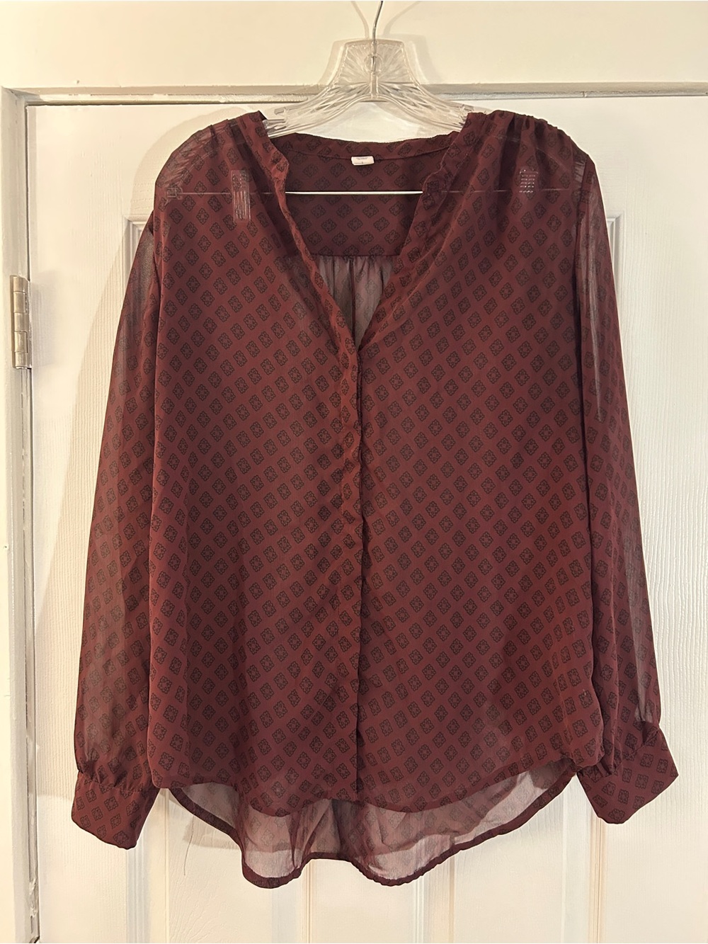 Old Navy Burgundy Sheer Printed Long-Sleeve Blouse